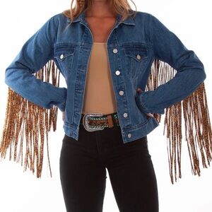 NWT Women’s Scully Fringe Cotton Blend Leopard Cheetah Western Denim Jacket XL